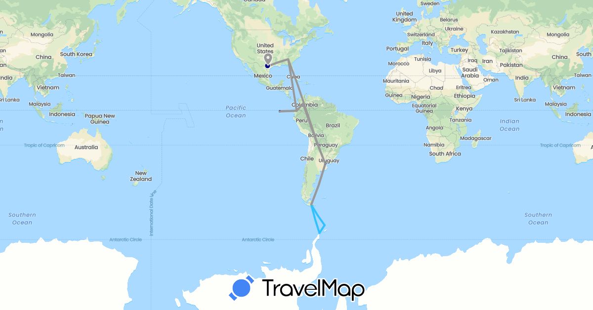 TravelMap itinerary: driving, plane, boat in Argentina, Colombia, Ecuador, United States (North America, South America)